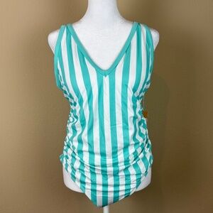 NWT Kona Sol Turquoise/White V-Neck High Leg One Piece Swimsuit/Bathing Suit